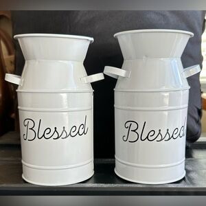 White 'Blessed' Milk Can Metal Vase a Set